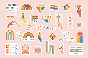 Vector set of LGBTQ community symbols with retro rainbow flag colored elements, pride symbols, gender signs. Pride month slogan and phrases stickers. Gay parade groovy celebration. Illustration. - obrazy, fototapety, plakaty