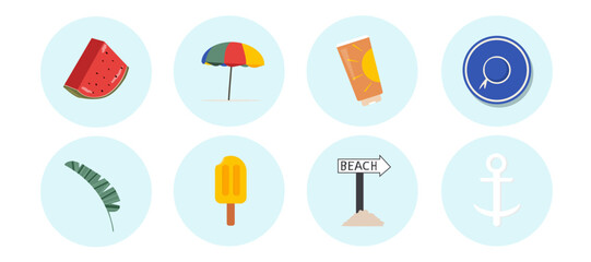 Summer Vacation & Beach Icon Set. Round summertime sticker, label collections.  Summer travel and vacation concept.