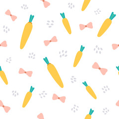 Cute seamless pattern of carrots and bows in pastel colors. Vector illustration in a flat style.