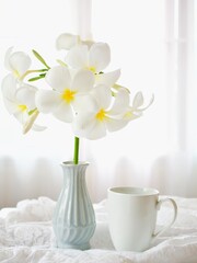 White Frangipani Plumeria flowers bouquet in pottery ceramic vase with white cup of tea ,soft selective focus on the window side and vintage style ,Hawaiian Lei flowers 