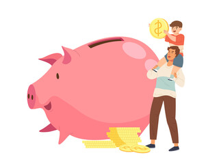 The Boy holds coin and piggyback rides his father with giant pink piggy bank. Concept of financial education, income management, economic learning. Money saving. Flat vector illustration.