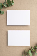 Business concept. Top view vertical photo of two paper cards and eucalyptus on beige background with empty space