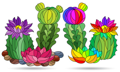Set of illustrations in the style of stained glass with compositions of cacti, plants isolated on a white background