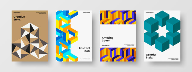 Obraz na płótnie Canvas Multicolored placard A4 vector design template composition. Bright mosaic hexagons corporate brochure layout bundle.
