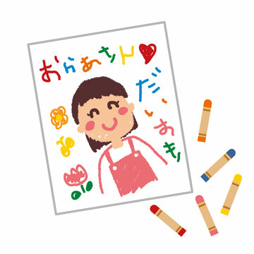 お母さんの似顔絵とクレヨン