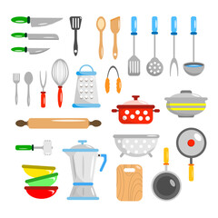 Set of colorful kitchen tools in cartoon style. Vector illustration of home kitchen knives, spoons, boards, bowls, pots, graters, pans, rolling pins and coffee makers on white background.