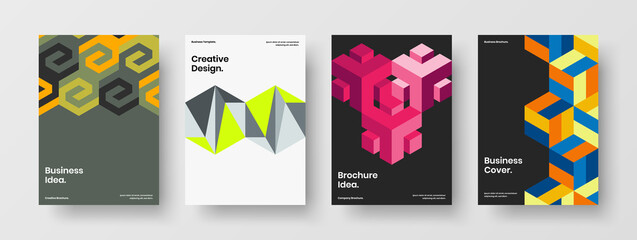 Fototapeta premium Simple geometric hexagons leaflet template bundle. Colorful journal cover A4 design vector concept composition.