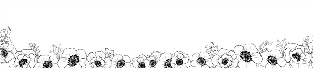 Floral border. Cute horizontal seamless pattern with anemone flowers and leaves. Line art. Vector illustration isolated on white background