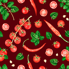 Seamless pattern of tomatoes and hot pepper. Watercolor illustration. Isolated on a red background