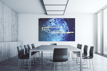 Abstract creative coding illustration with world map on tv display in a modern presentation room, international software development concept. 3D Rendering