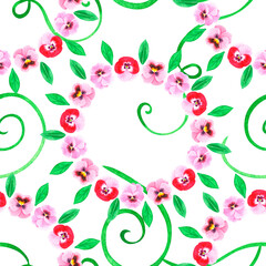 Fototapeta premium Violet wreath seamless pattern. Pansies. Watercolor illustration. Isolated on a white background.