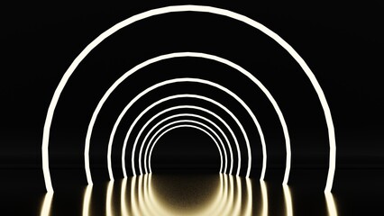 3d render,neon circle portal, glowing lines, tunnel, corridor, virtual reality, abstract fashion background,neon lights, arch, laser show
