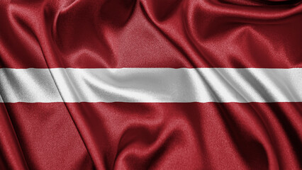 Close up realistic texture fabric textile silk satin flag of Latvia waving fluttering background. National symbol of the country. 18th of November, Happy Day concept
