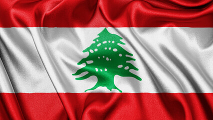 Close up realistic texture fabric textile silk satin flag of Lebanon waving fluttering background. National symbol of the country. 22nd of November, Happy Day concept