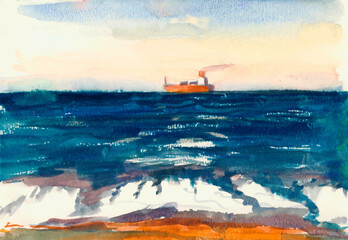 Fishing vessel or passenger ship on the horizon watercolor seascape