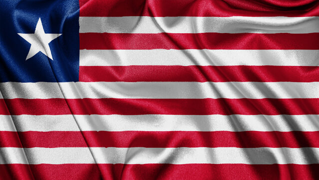 Close up realistic texture fabric textile silk satin flag of Liberia waving fluttering background. National symbol of the country. 26th of July, Happy Day concept
