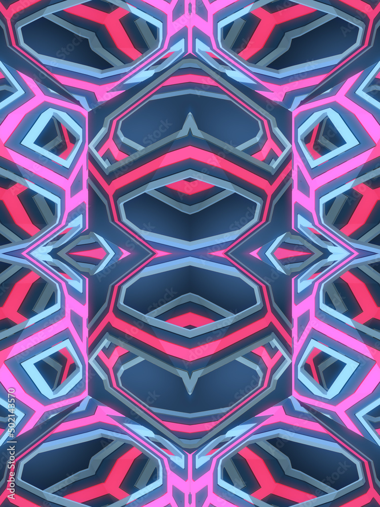 Poster Neon colored fantasy object 3d rendering digital illustration. Abstract geometric background