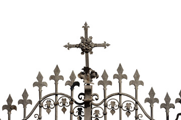 Wrought iron gate with a Religious Cross and sharp points isolated on white background and copy...