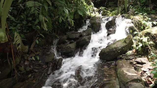 Close-up shot of a waterfall cascading down a rock in slow motion, laterite palace