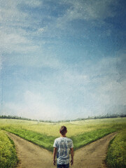 Conceptual painting with a doubtful person at a crossroad choosing the correct path between left and right. The road to success, way choice concept. Difficult decision, life dilemma © psychoshadow