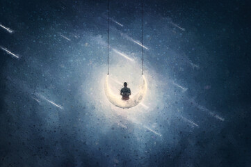Surreal painting of a boy swaying on a crescent moon swing with a wonderful cosmic view to the starry night sky. Adventurous spirit, fantastic scene © psychoshadow