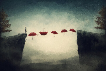 Flying umbrellas pathway bridge above the precipice between two cliffs. Surreal painting, wanderlust adventure concept. Man planning to cross the gap on magical floating umbrellas - obrazy, fototapety, plakaty