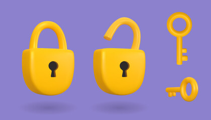 Vector 3d Lock with Key icon. Cartoon render yellow padlock isolated on white background. Security concept. - 502144144