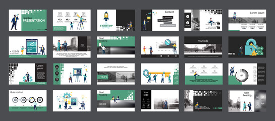 Business presentation, powerpoint, launch of a new business project. Infographic design template, green elements, white background, set. A team of people creates a business, teamwork. Mobile app, web - obrazy, fototapety, plakaty