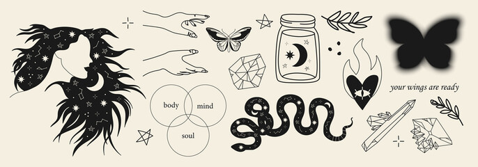 Set of hand drawn witchcraft items and mythical elements in boho, aztec style. Modern, trendy colors, minimalism art.