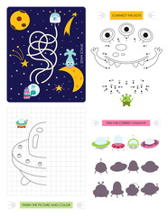 Space Activity pages for kids. Printable activity sheet with mini games – Maze game, Dot to dot, Finish the Picture, Find the correct shadow. Vector illustration.