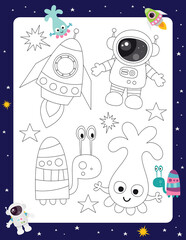 Space Activity pages for kids. Printable activity sheet with mini games - Space coloring page printable. Preschool Space. Astronaut, cute aliens, rocket ship. Coloring Book. Vector illustration.