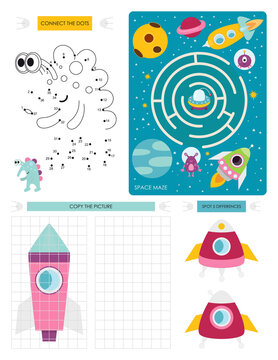 Space Activity pages for kids. Printable activity sheet with mini games – Maze game, Connect the dots, Copy the Picture, Spot 5 differences. Vector illustration. Cartoon Space Characters.