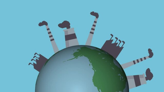 4K animation of world pollution increasing by mills, factories, and industrial waste. Nuclear power plants and factories increasing and polluting the environment. Mills increase air pollution footage.