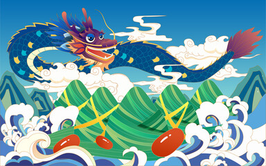 Naklejka na ściany i meble Dragon Boat Festival with rice dumplings in the sea and dragons in the sky, vector illustration