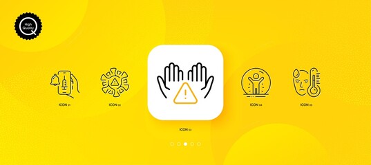 Fototapeta na wymiar Fever, Clean hands and Recovered person minimal line icons. Yellow abstract background. Coronavirus, Vaccine announcement icons. For web, application, printing. Vector