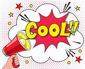 Comic lettering cool with red lips and an open mouth. Vector bright cartoon illustration in retro pop art style. Comic text sound effects. EPS 10.	