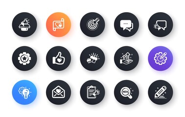 Brand social project icons. Business strategy, Megaphone and Representative. Influence campaign, social media marketing, brand ambassador icons. Classic set. Circle web buttons. Vector