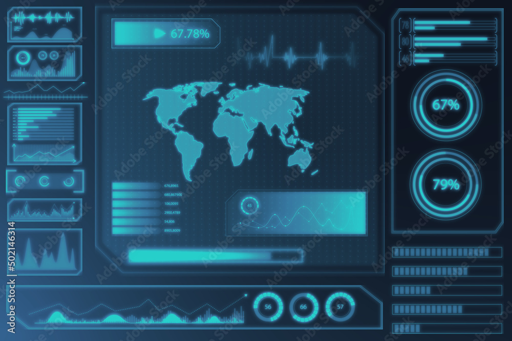 Poster glowing digital business screen interface wallpaper with globe and charts. spy, hud and world concep
