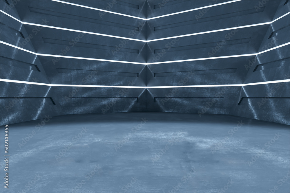 Poster abstract blue futuristic interior with mock up place for object presentation. 3d rendering.