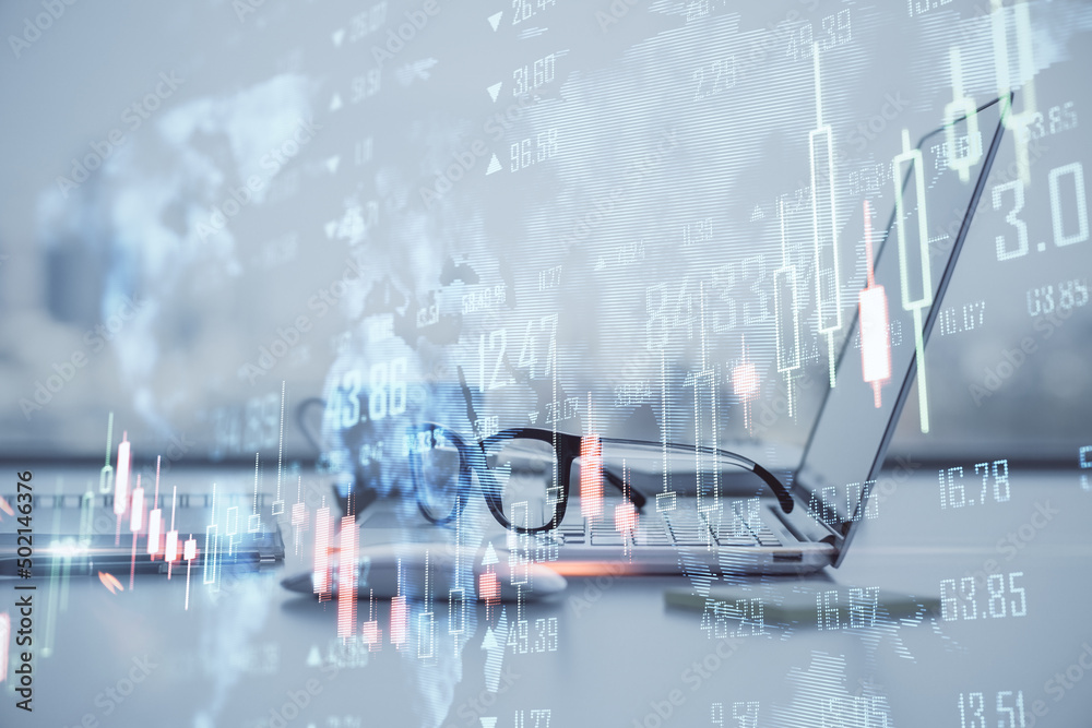 Poster global trading and stock market concept with foggy digital interface with world map and forex market