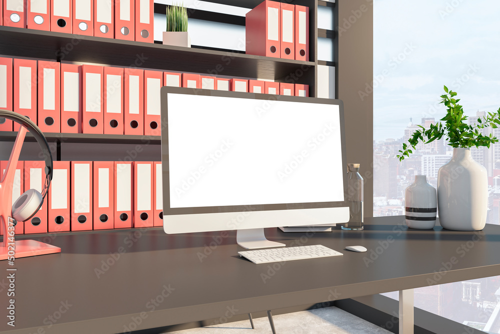 Aufkleber Close up of empty white computer monitor in modern office. Mock up and online advertisement concept. 3D Rendering.