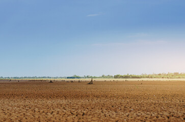 Dried lake and river on summer, Water crisis at thailand and Climate change or drought concept.