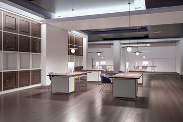 Bright wooden and concrete coworking office interior with furniture and equipment with night lights. 3D Rendering.