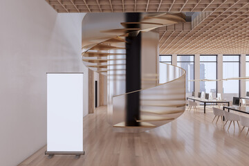 Blank white floor poster in front of modern eco style open space office with wooden decorated ceiling, floor, big windows and stylish gold decorated spiral staircase. 3D rendering, mockup