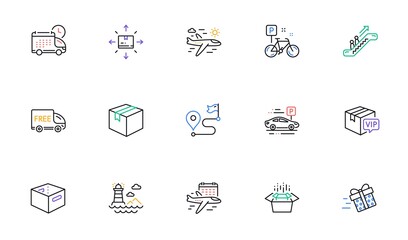 Parcel, Office box and Delivery line icons for website, printing. Collection of Packing boxes, Bike, Vip parcel icons. Lighthouse, Present delivery, Select flight web elements. Vector