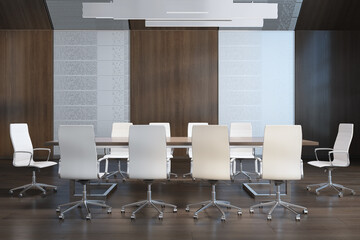 Luxury dark wood meeting room interior with furniture and daylight. 3D Rendering.