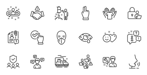 Outline set of Security agency, Click hand and Conversation messages line icons for web application. Talk, information, delivery truck outline icon. Vector