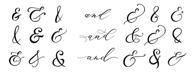 Typography script ampersand for wedding invitation, poster, card. Decorative hand drawn symbol. Flourish lettering element. Vector illustration - obrazy, fototapety, plakaty
