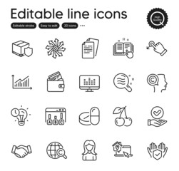 Set of Business outline icons. Contains icons as Insurance hand, Delivery insurance and Technical documentation elements. Woman, International Ð¡opyright, Skin condition web signs. Vector