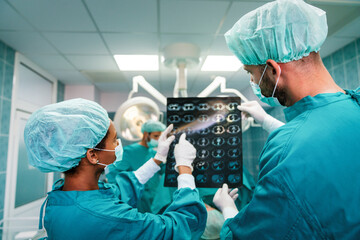 Portrait of intellectual healthcare professionals with at x-ray radiographic image, ct scan, mri
